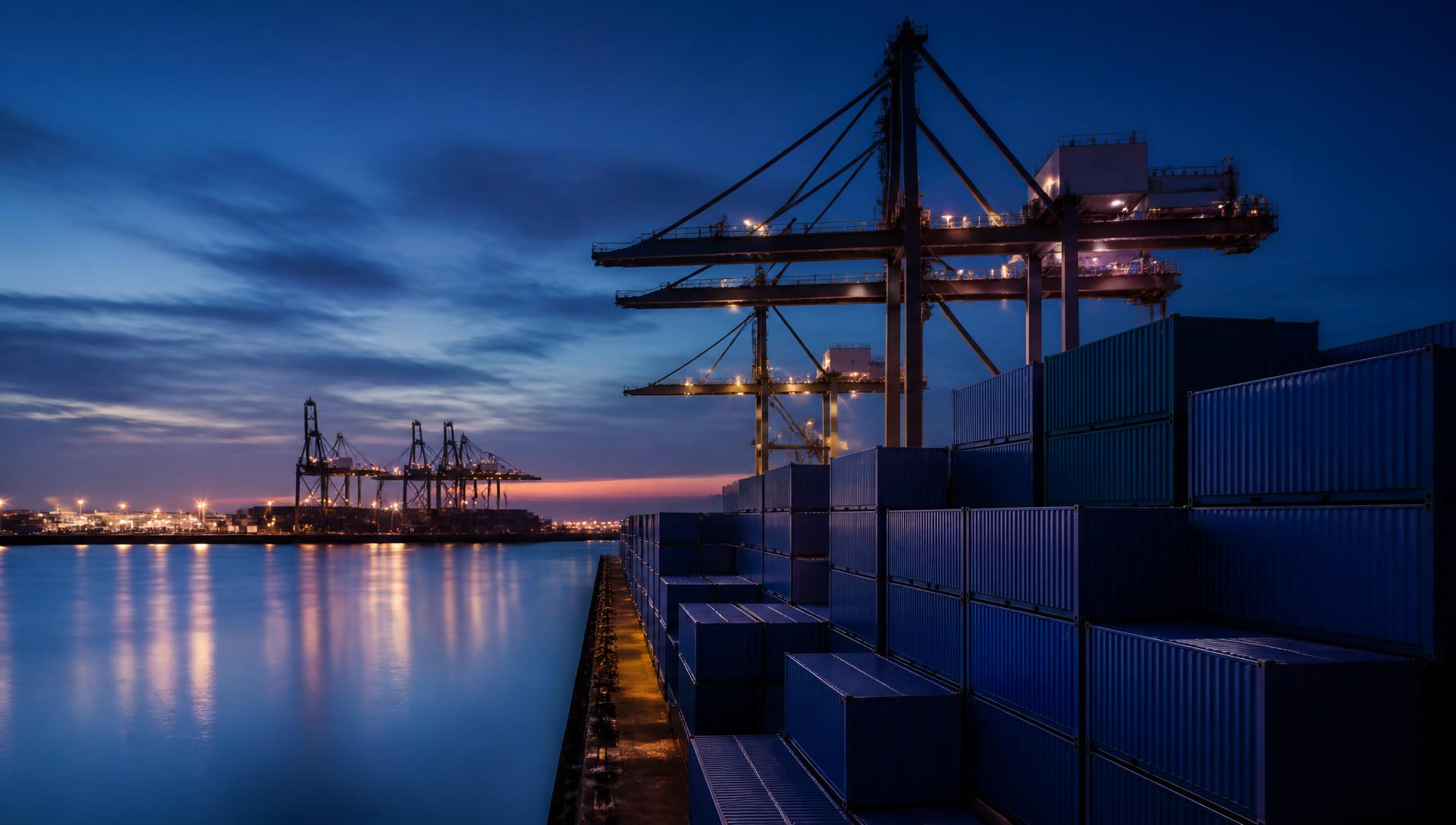 Container terminal at blue hour with stacked shipping containers and gantry cranes