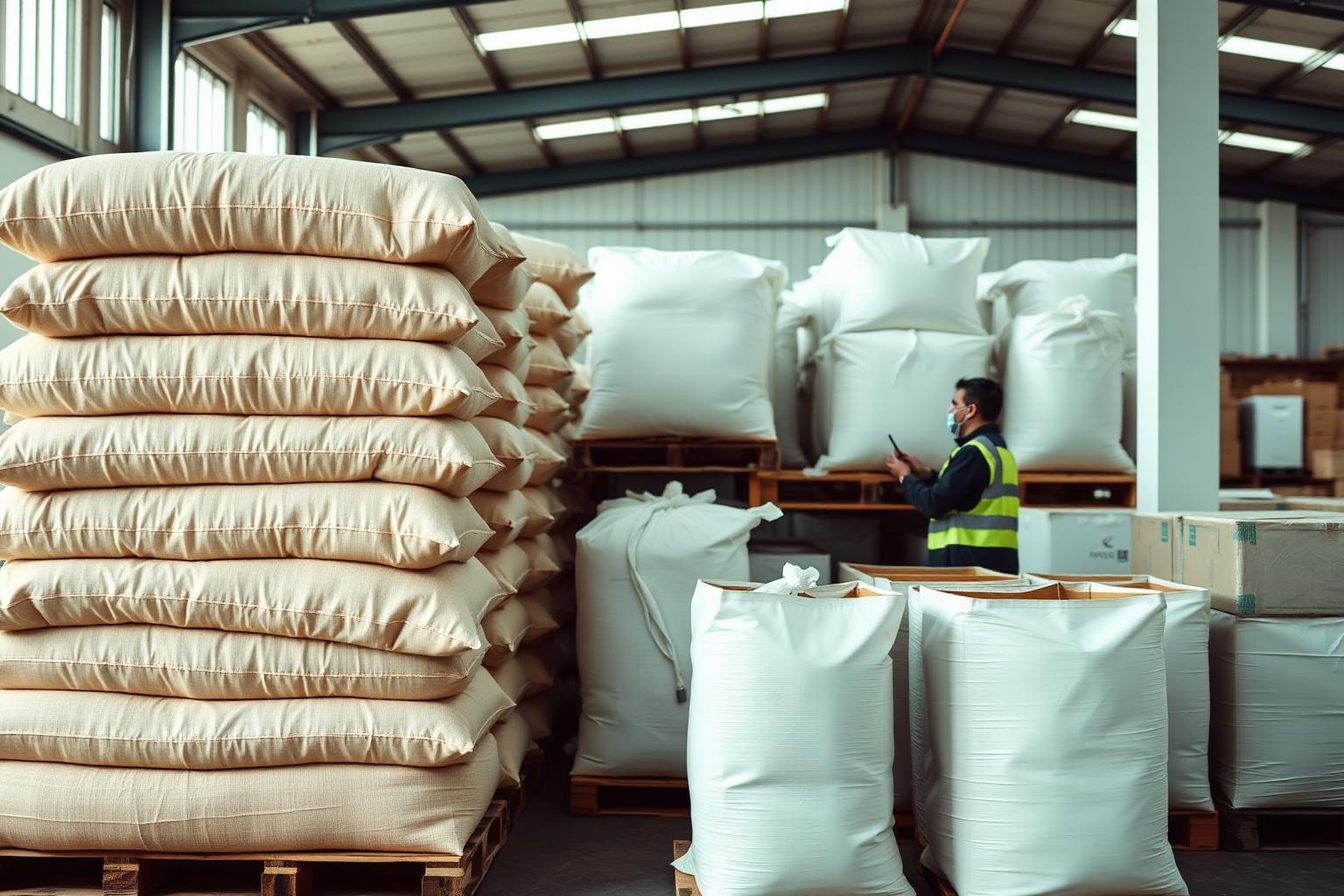 Export packaging bags stacked on pallets in a clean warehouse